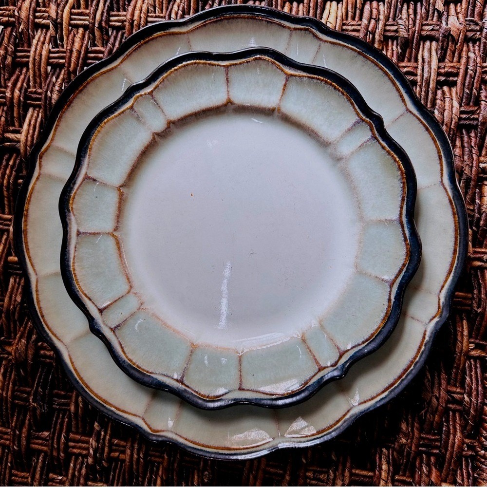 Rustic Celadon Green Set (8) Rimmed Stoneware Plates, Scalloped Edge